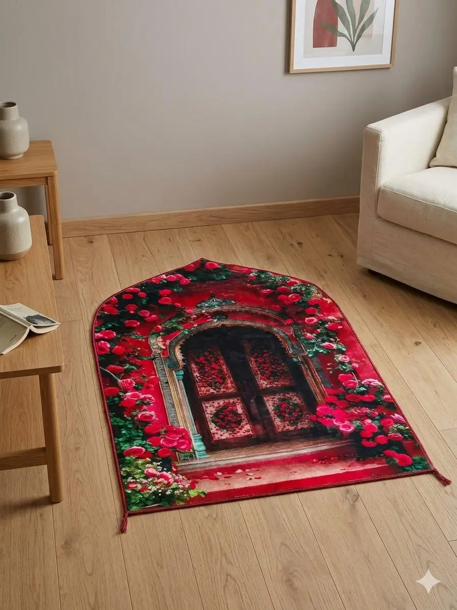 Luxurious Velvet Printed Prayer Mat - 1 Pcs in Maroon, Red, and Orange