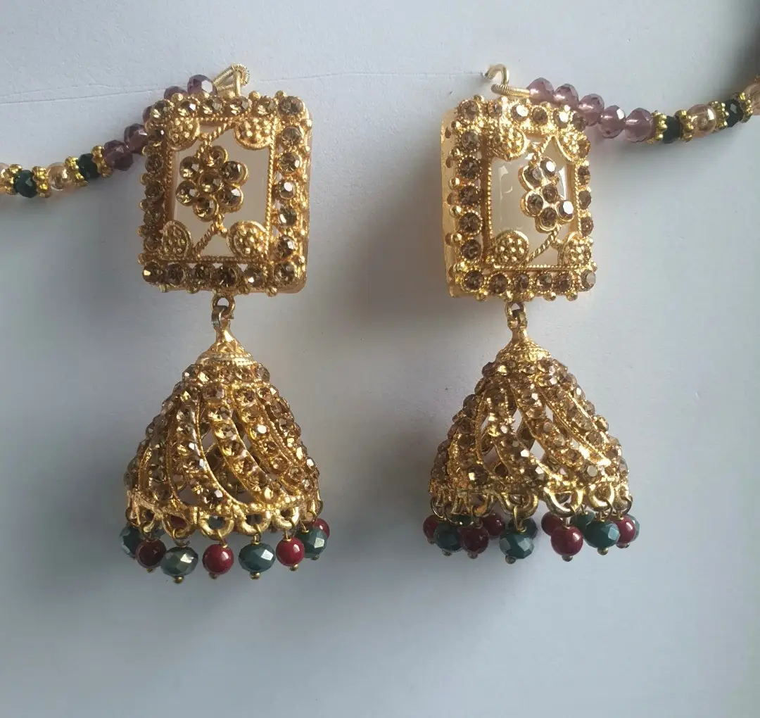 Meenakari Design Gold Plated Rhinestone Jhumka
