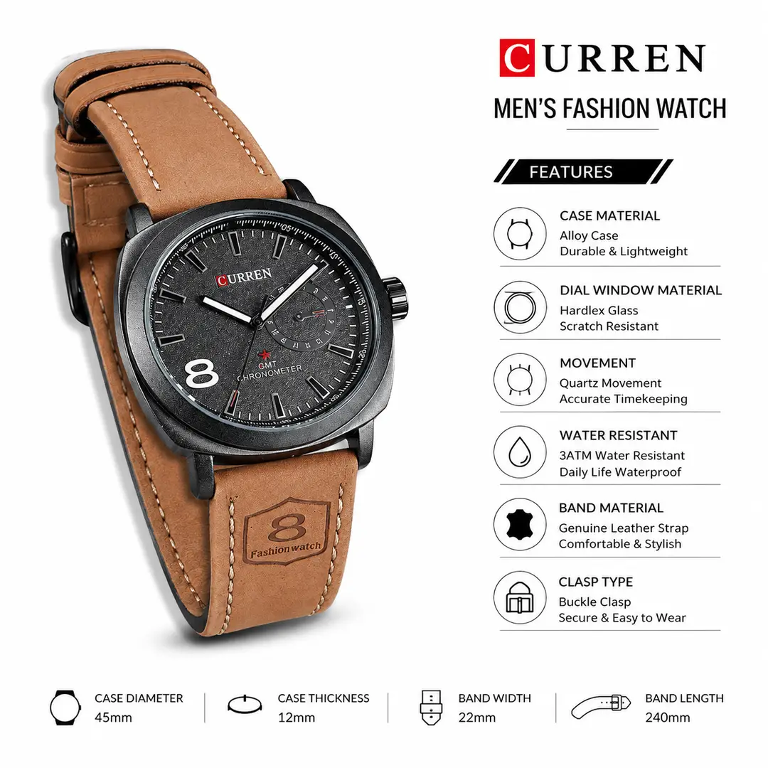 Curren Men's Leather Strap Quartz Watch – Luxury Analog Waterproof Fashion Wrist Watch for Men