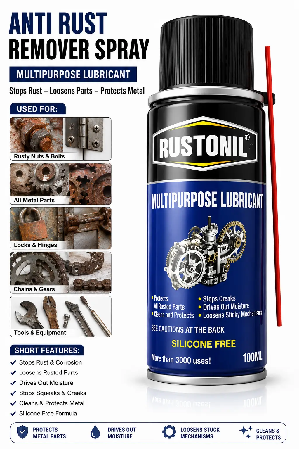 Anti Rust Remover Spray 100ml – Multipurpose Lubricant Rust Protection, Rust Remover & Metal Cleaner