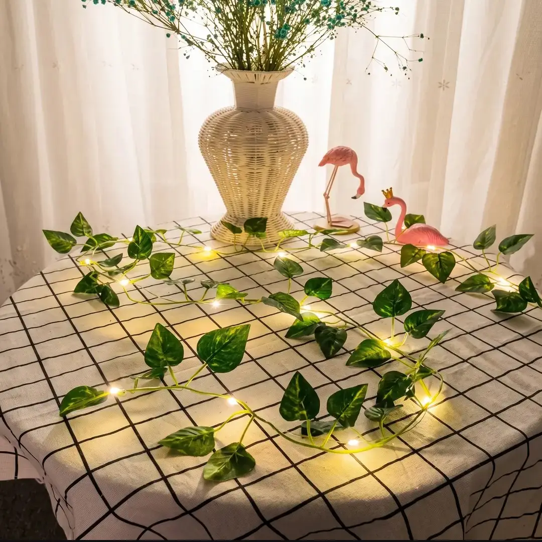 Artificial Plant Leaves bail with 10 ft LED Fairy Lights Battery Operated and 7 ft Bail Leaf Lights