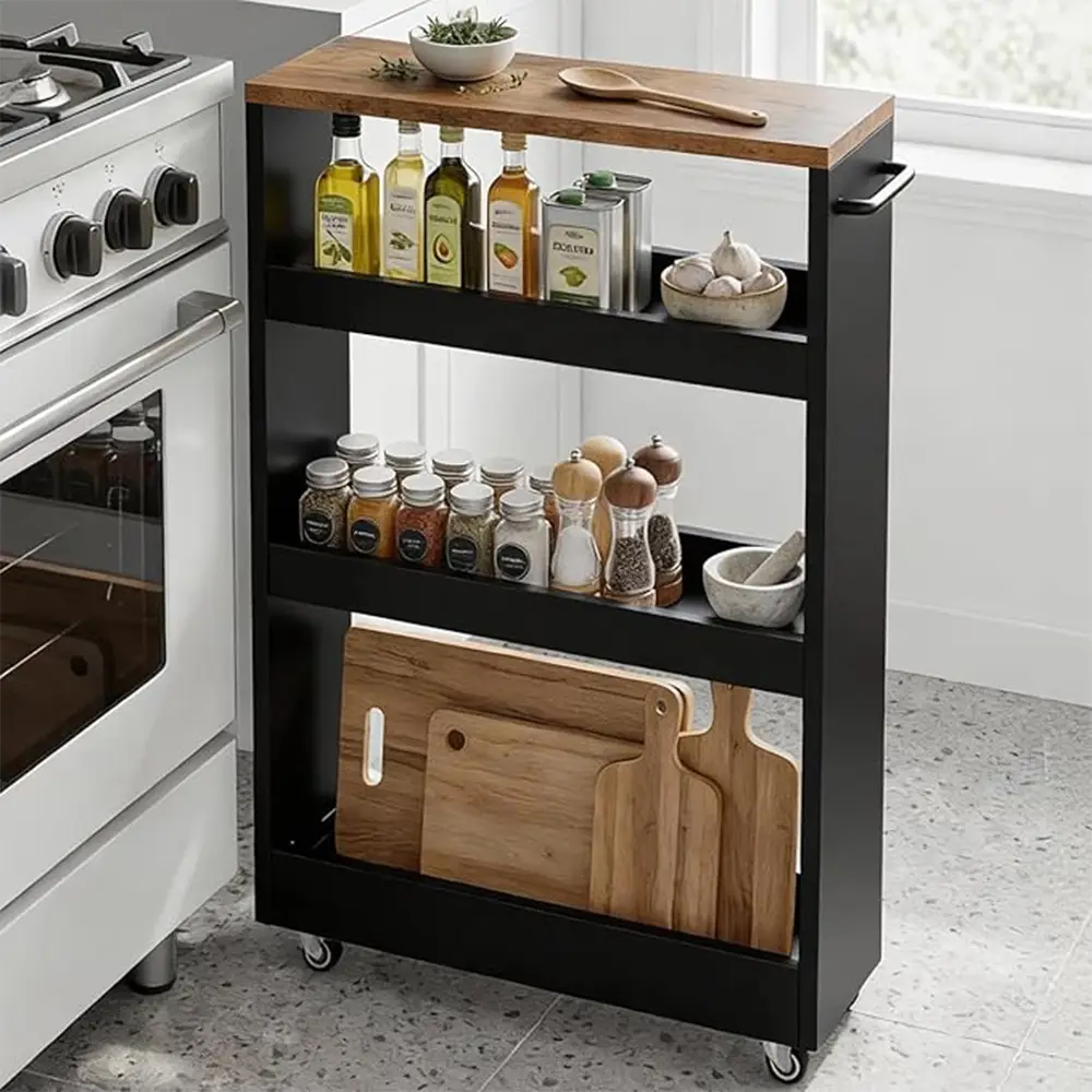 3 Tier Kitchen Storage Trolley with Wheels | Slim Rolling Organizer Cart | Kitchen Spice Rack | Bathroom Storage Shelf | Space Saving Utility Rack