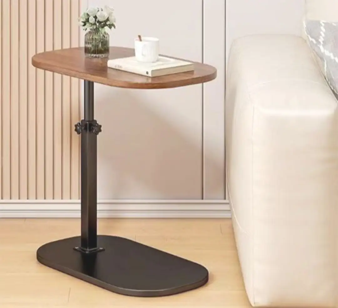 Height Adjustable Wooden C-Shaped Sofa Side Table | Oval Laptop Table with 360° Rotating Top | Multipurpose Bed & Couch Table
