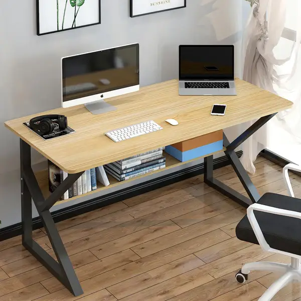 Study Table with Storage Shelf | Computer Desk | Wooden Office Table | Laptop Desk | Writing Desk | Modern Metal Frame Home Office Table