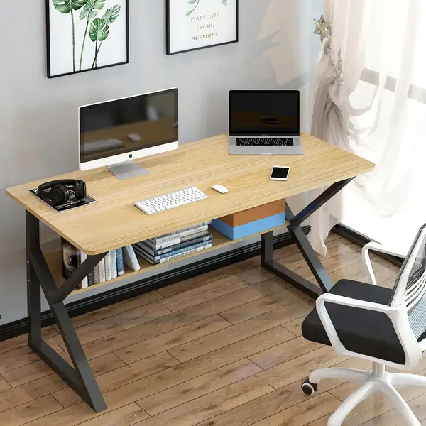 Study Table with Storage Shelf | Computer Desk | Wooden Office Table | Laptop Desk | Writing Desk | Modern Metal Frame Home Office Table