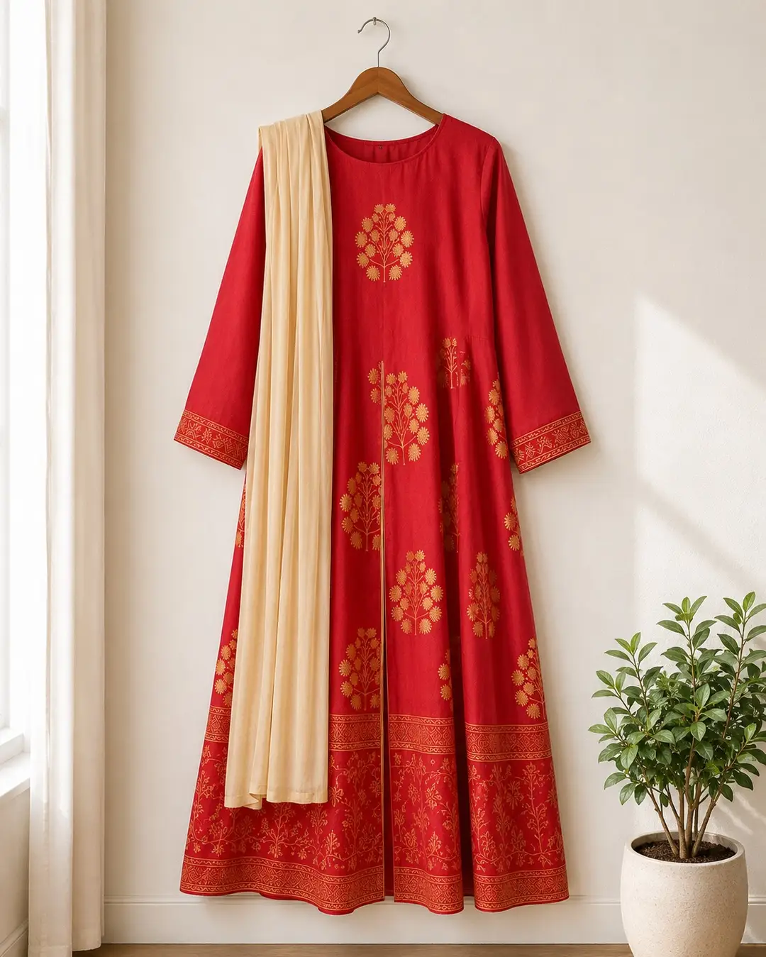 Red block printed Arabic lawn Maxi set for women