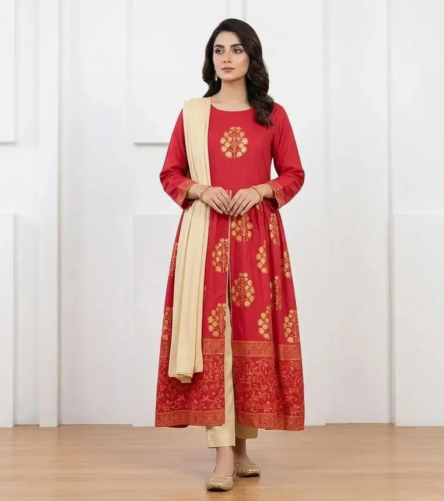 Red block printed Arabic lawn Maxi set for women