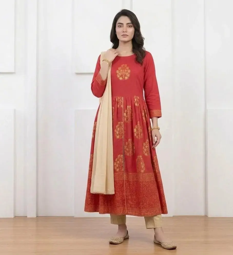 Red block printed Arabic lawn Maxi set for women