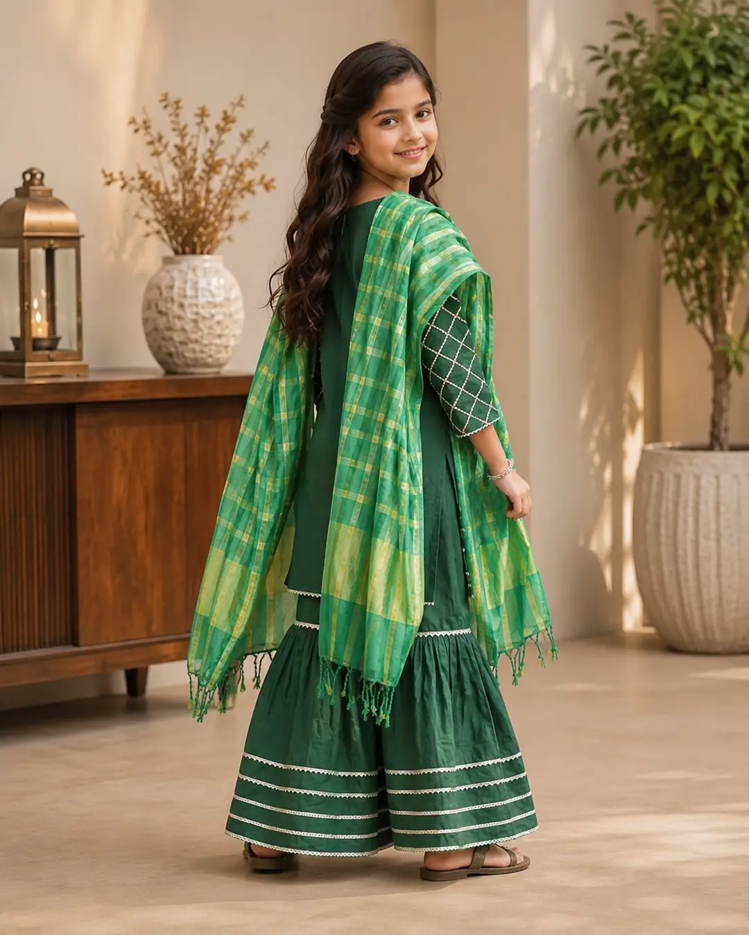3 Pcs Girl's  Lawn Embroidered Frock And Trouser Set
