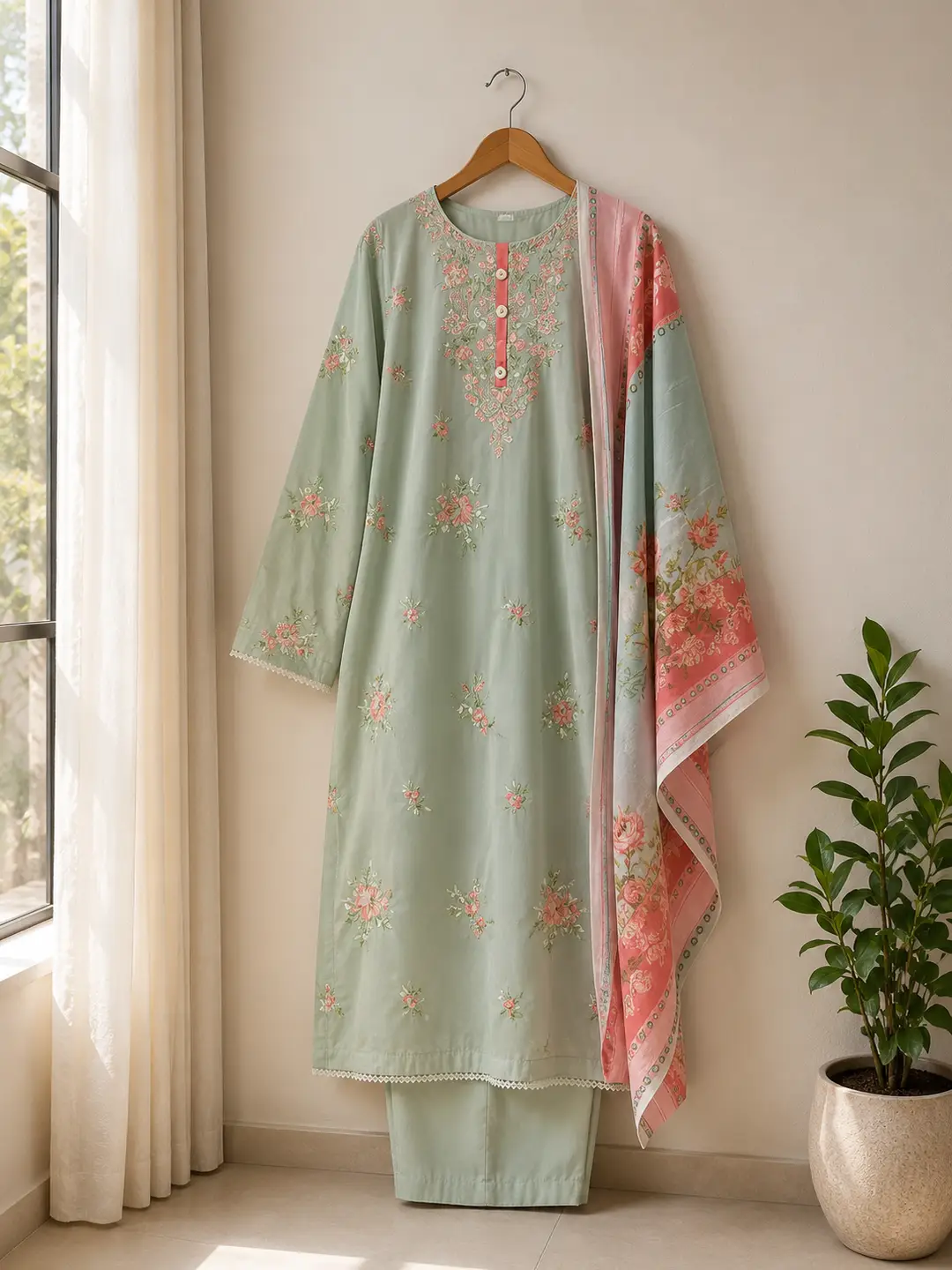 3 Pcs Women's Stitched Lawn Block Printed Shirt And Trouser and dupatta
