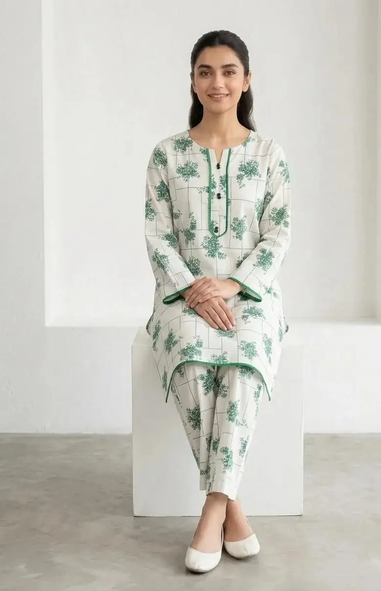 2 Pcs Women's Stitched Arabic Lawn Printed Shirt And Trouser