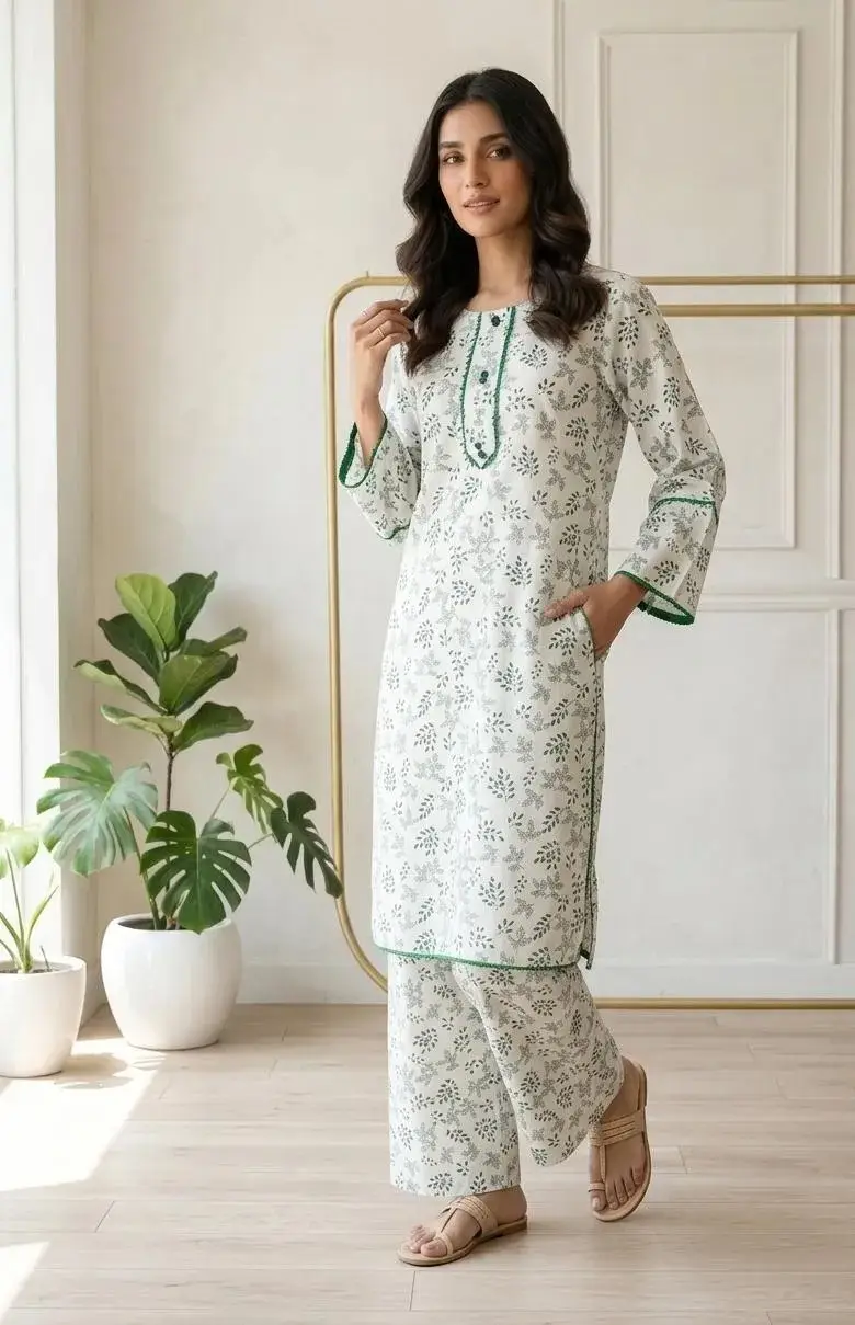 2 Pcs Women's Stitched Arabic Lawn Embroidered Shirt And Trouser