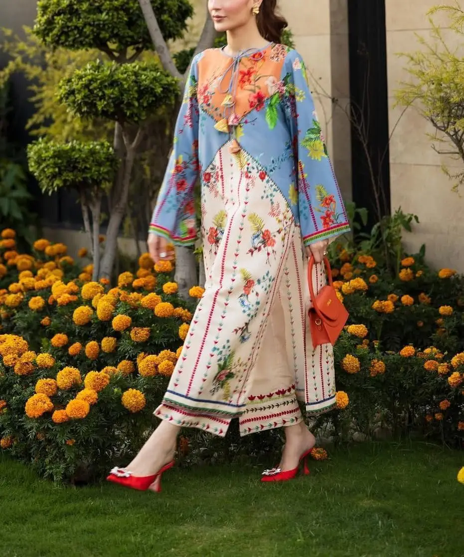 2 Pcs Women's Stitched Arabic Lawn Printed Shirt And Trouser