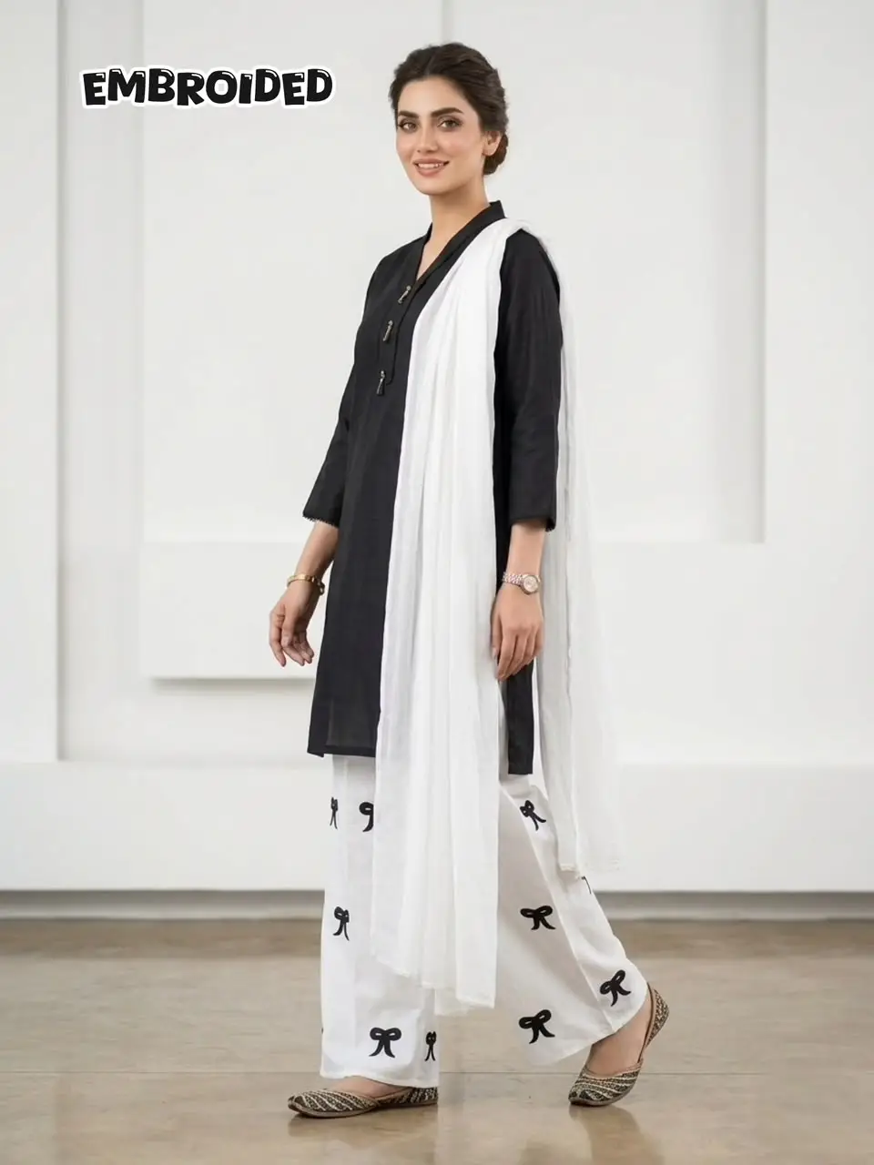 2 Pcs Women's Stitched Arabic Lawn Embroidered Shirt And Trouser