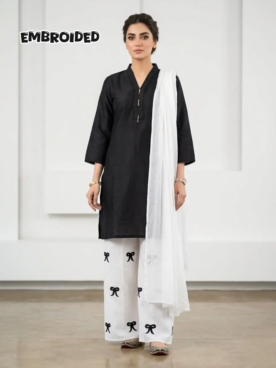 2 Pcs Women's Stitched Arabic Lawn Embroidered Shirt And Trouser