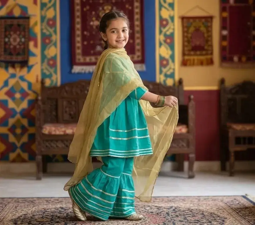 3 Pcs Girl's Arabic Lawn Embroidered Kurta And Shalwar Suit