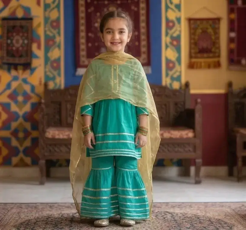 3 Pcs Girl's Arabic Lawn Embroidered Kurta And Shalwar Suit