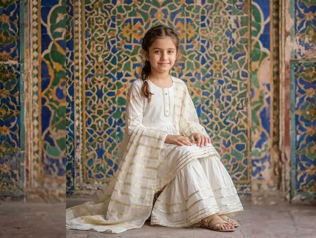 3 Pcs Girl's Arabic Lawn Embroidered Kurta And Pajama