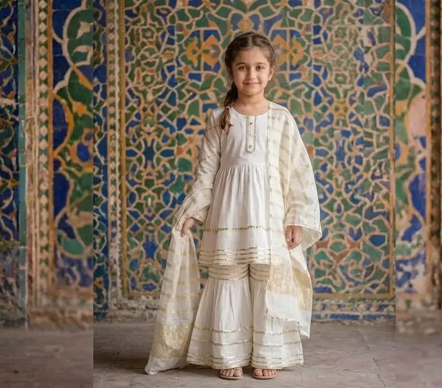 3 Pcs Girl's Arabic Lawn Embroidered Kurta And Pajama