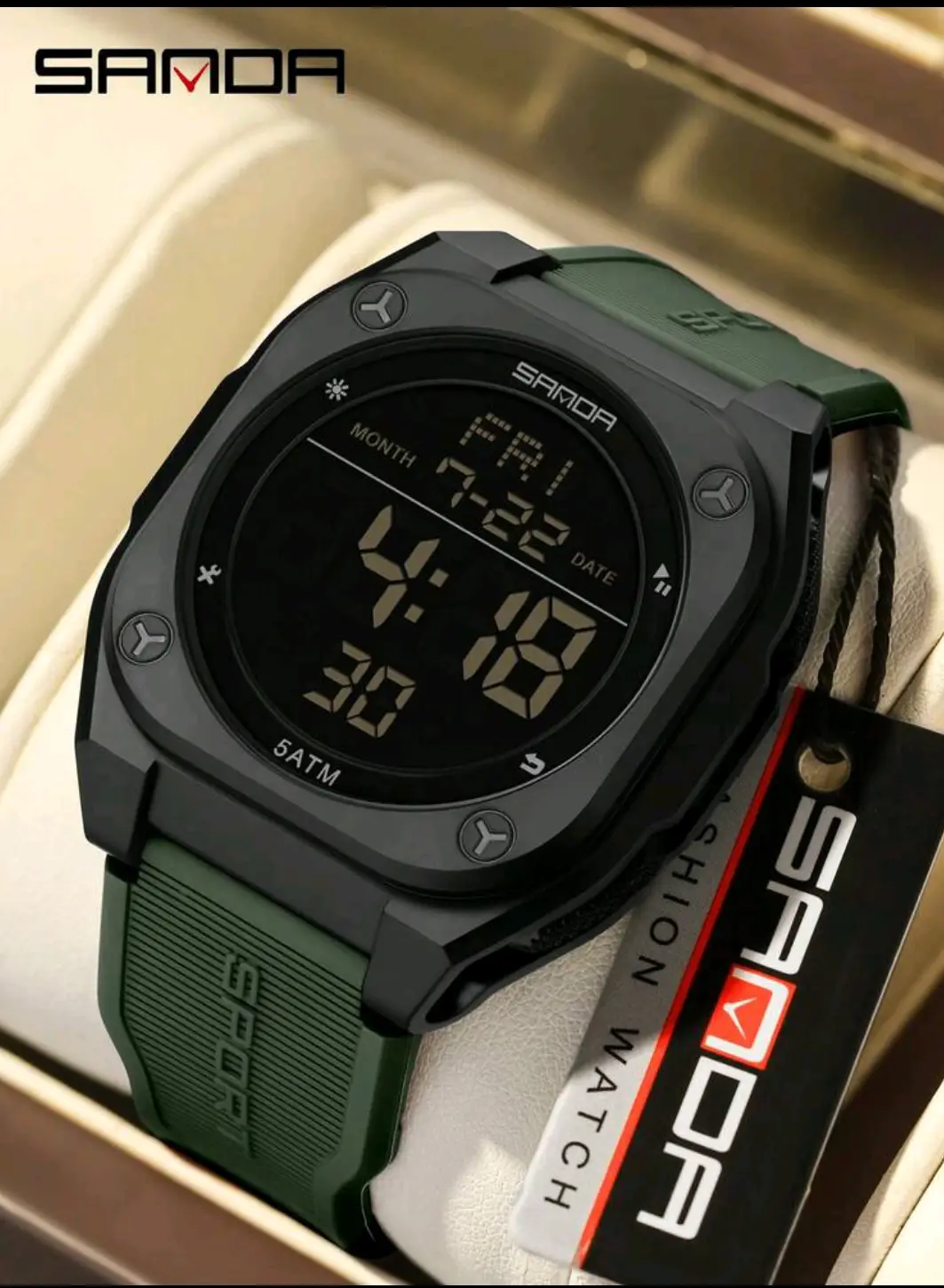 SANDA Men's Digital Sports Watch | 5ATM Waterproof | LED Display | Alarm | Stopwatch | Green Silicone Strap