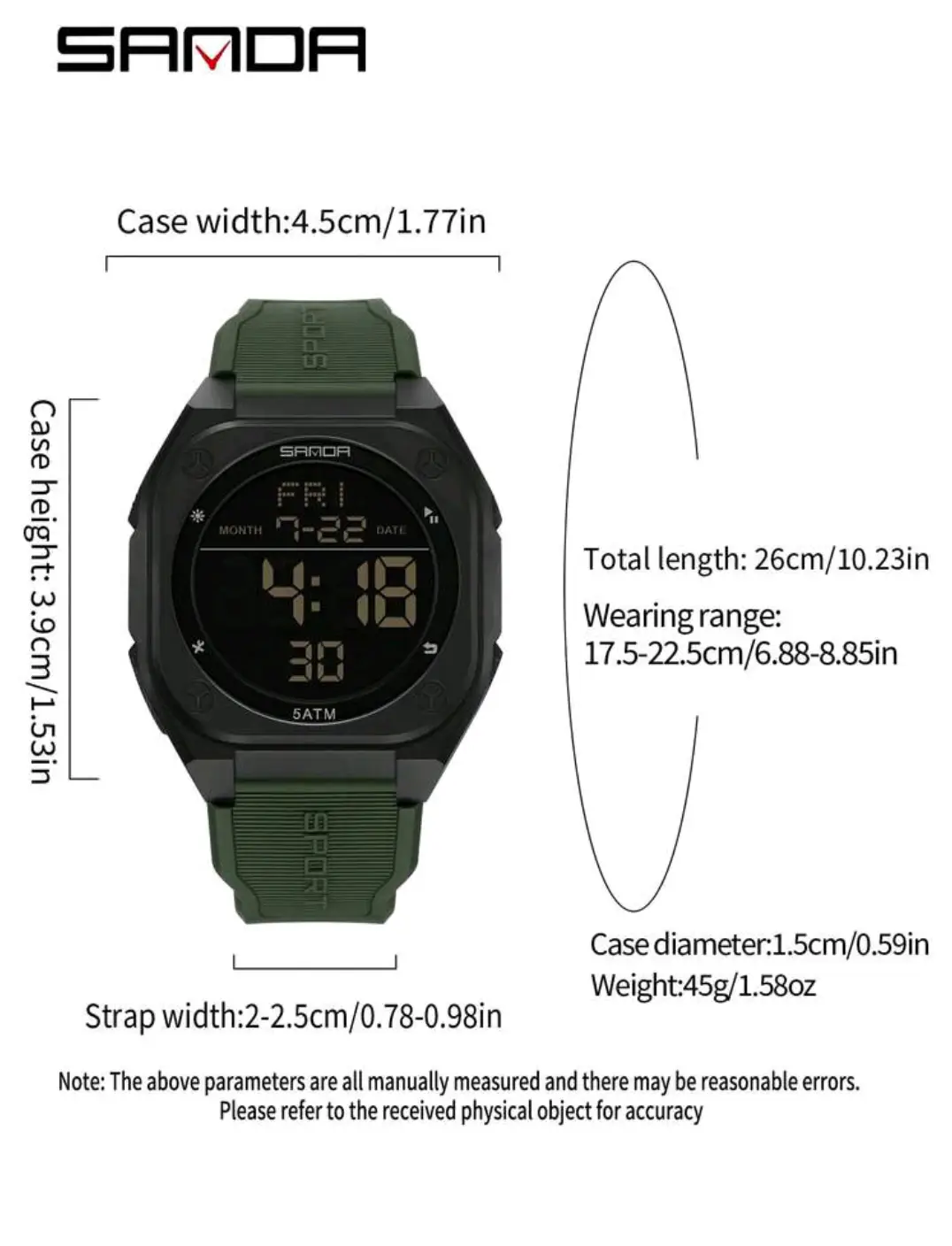SANDA Men's Digital Sports Watch | 5ATM Waterproof | LED Display | Alarm | Stopwatch | Green Silicone Strap