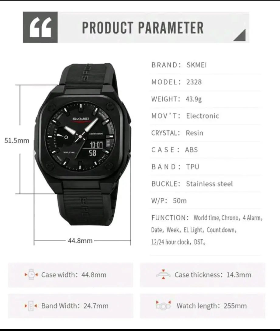 SKMEI 2328 Square Multifunction Men's Watch Dual Movement TPU Strap Sport Outdoor Cool Style Male Electronic Quartz Wristwatch