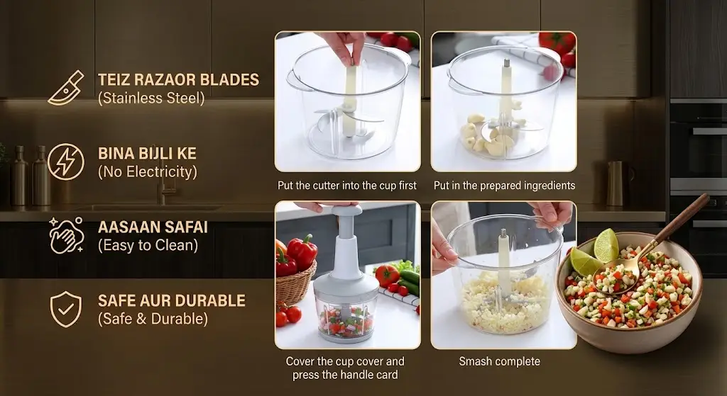 Premium Hand Push Chopper & Cutter | 3 Stainless Steel Blades | 500ml Vegetable Vegetable Chopper