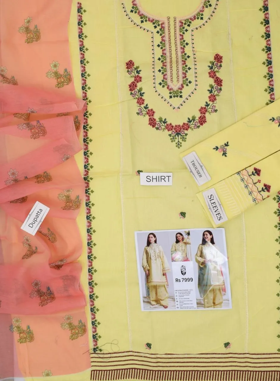 Unstitched 3-Piece Lawn Suit Yellow Eid Party Wear