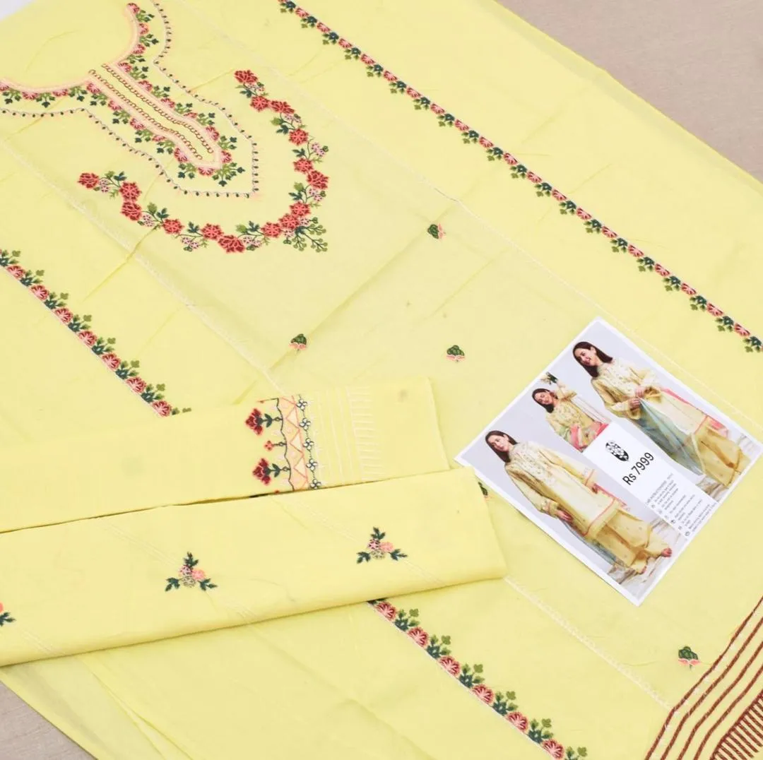 Unstitched 3-Piece Lawn Suit Yellow Eid Party Wear