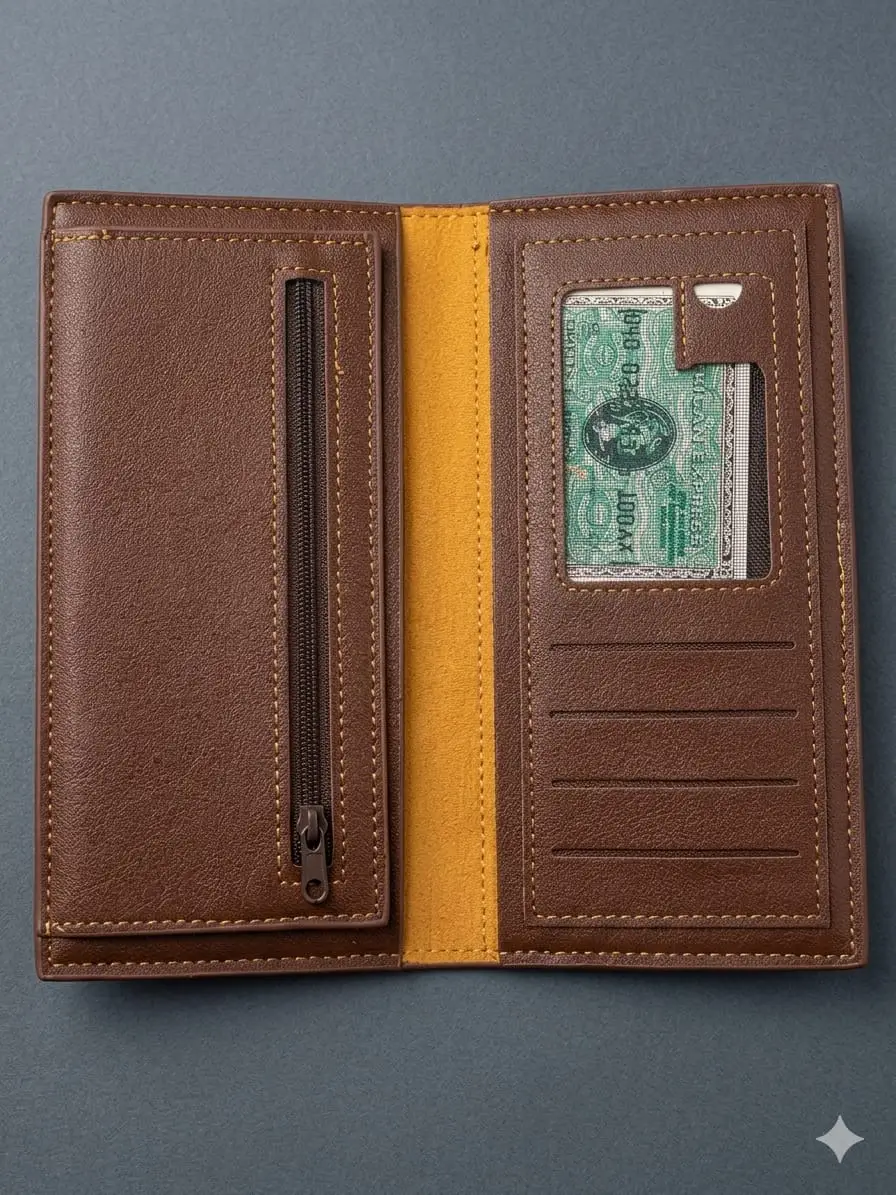 Men's  6 Pocket Long Wallet Leather Wallet with Inner Zip