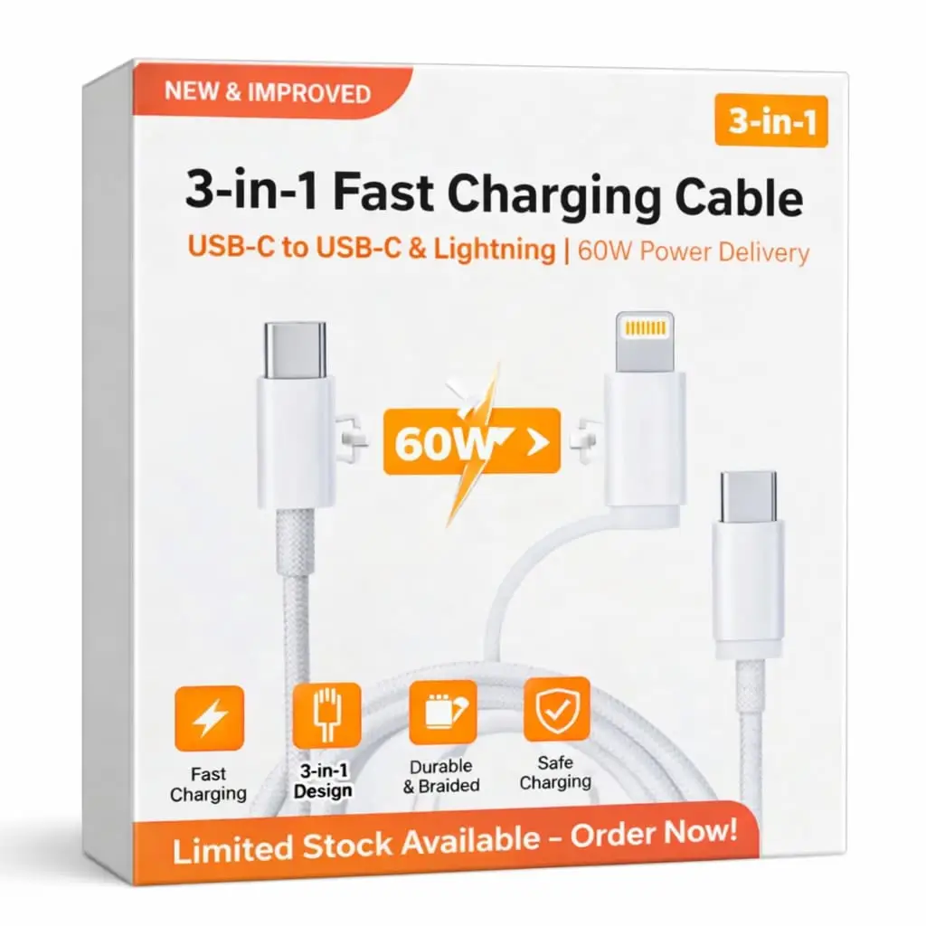 3 in 1 Charging Cable 60 Pack Of 2