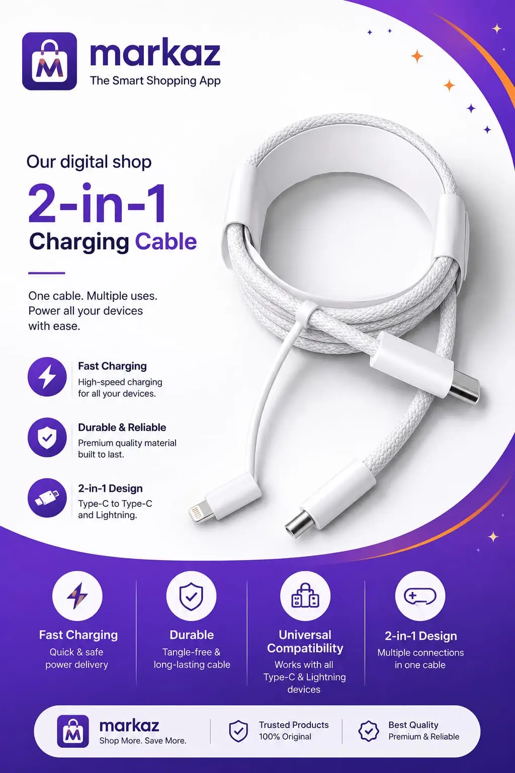 3 in 1 Charging Cable 60 Pack Of 2