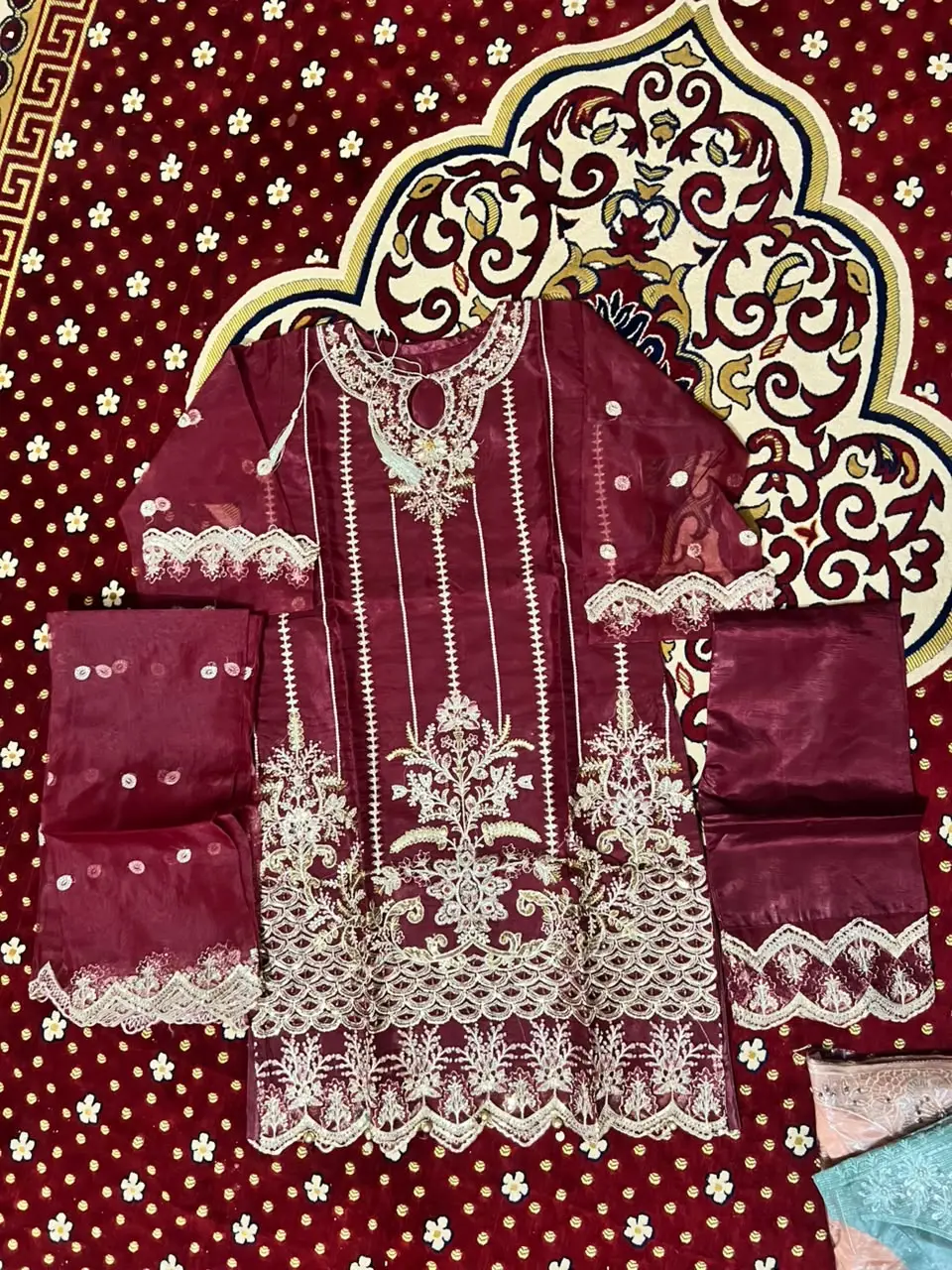 3 Pcs Women's Stitched Organza Embroidered Suit