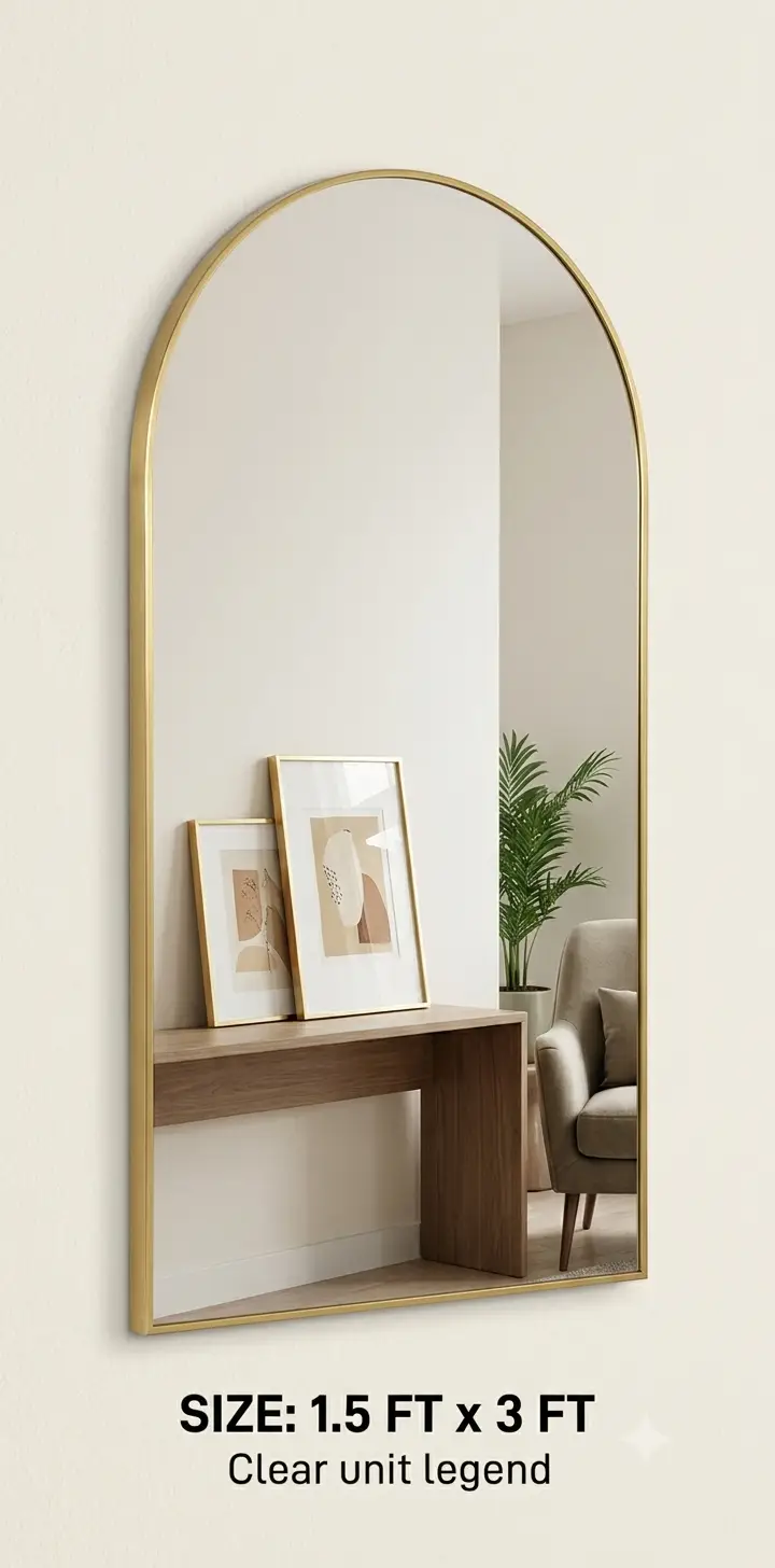 Premium Gold Metal Frame Arched Wall Mirror - 1.5 x 3 Feet (18x36 Inch) | Modern Home Decor Full Length & Vanity Mirror