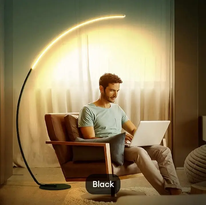 Black Metal Arc Floor Lamp with Neon Light Decor