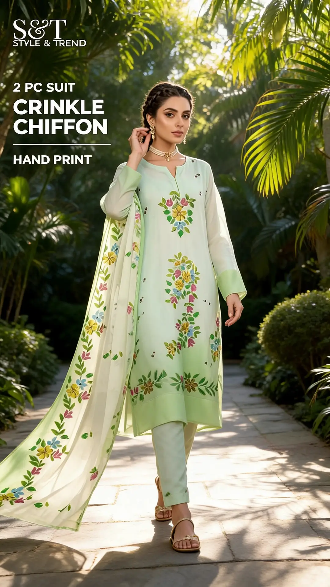 Mint Green 2 Pcs Women's Unstitched Hand Work Suit