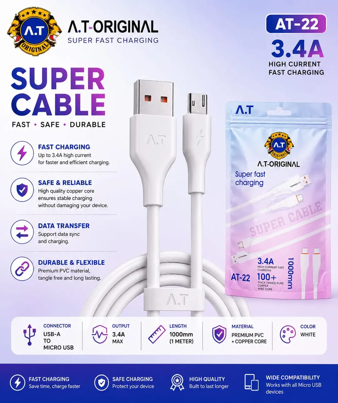 A.T Original AT-22 3.4A Fast Charging Micro USB Cable – 1 Meter | High-Speed Data Sync | White