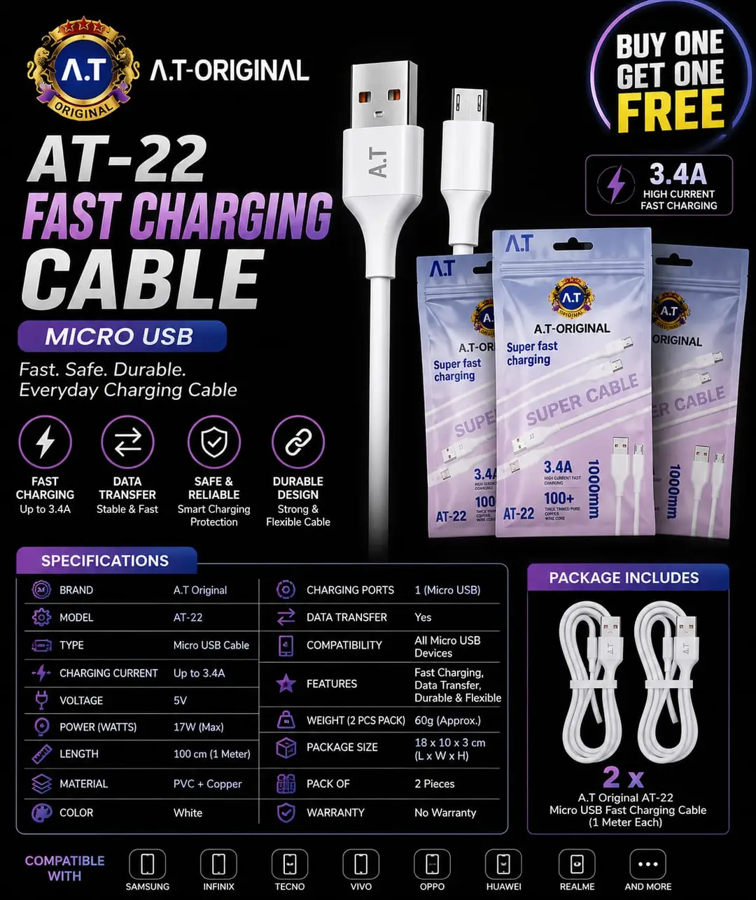 A.T Original AT-22 3.4A Fast Charging Micro USB Cable – 1 Meter | High-Speed Data Sync | White