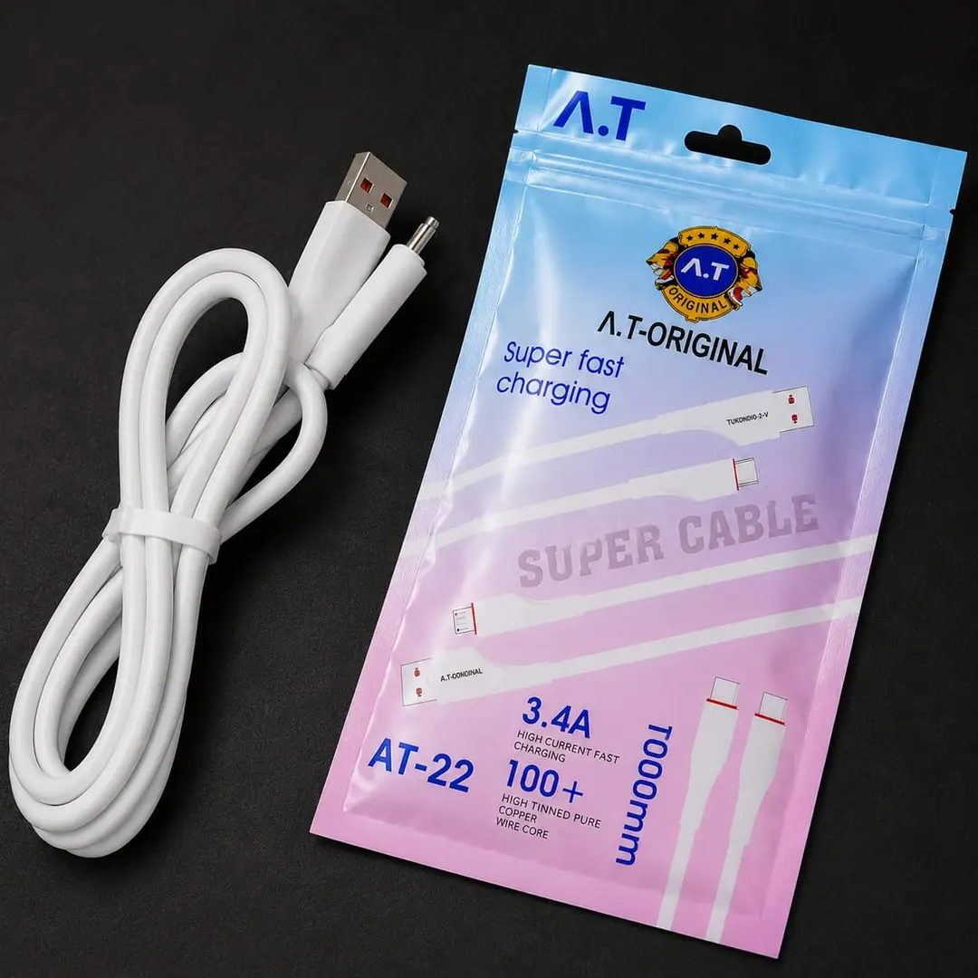 A.T Original AT-22 3.4A Fast Charging Micro USB Cable – 1 Meter | High-Speed Data Sync | White