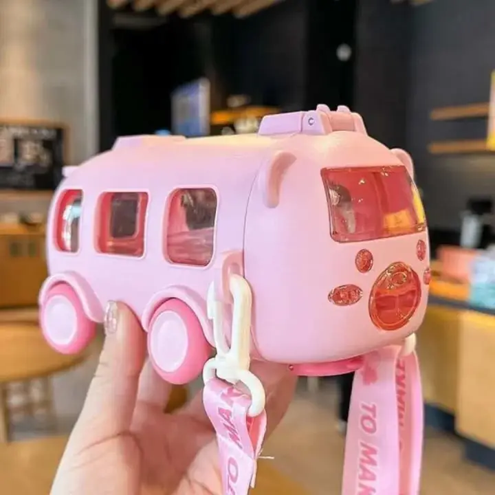 Premium 500ml 2-in-1 Toy Bus Shaped Water Bottle for Kids – Leak-Proof Sipper with Soft Silicone Straw, Adjustable Crossbody Shoulder Strap, One-Click Safety Lock & Real Moving Wheels – 100% BPA-Free Food Grade Material for School, Picnic & Travel