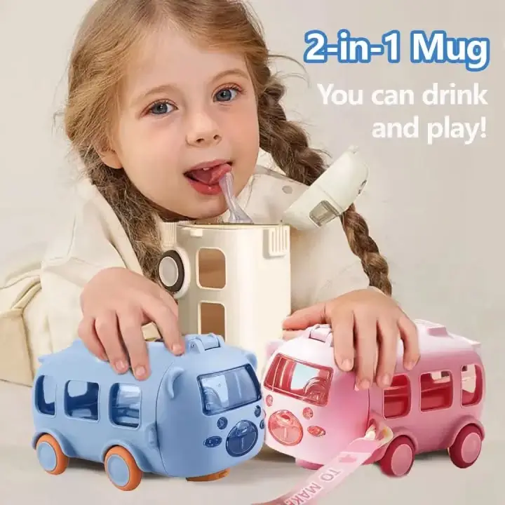 Premium 500ml 2-in-1 Toy Bus Shaped Water Bottle for Kids – Leak-Proof Sipper with Soft Silicone Straw, Adjustable Crossbody Shoulder Strap, One-Click Safety Lock & Real Moving Wheels – 100% BPA-Free Food Grade Material for School, Picnic & Travel