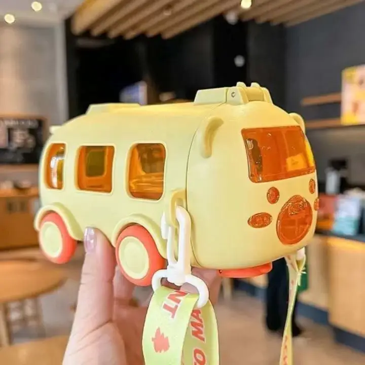 Premium 500ml 2-in-1 Toy Bus Shaped Water Bottle for Kids – Leak-Proof Sipper with Soft Silicone Straw, Adjustable Crossbody Shoulder Strap, One-Click Safety Lock & Real Moving Wheels – 100% BPA-Free Food Grade Material for School, Picnic & Travel