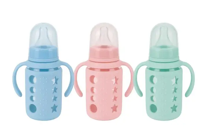 Premium Anti-Colic Glass Baby Feeder 120ml (4oz) With Protective Silicone Cover & Double Handle - Regular Nipple (Pack of 3 Vibrant Colors)