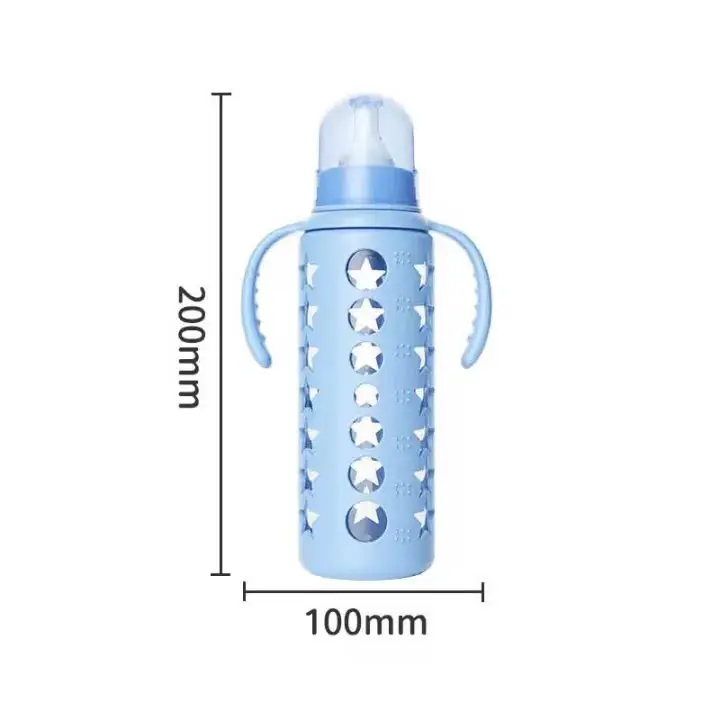 Premium Anti-Colic Glass Baby Feeder 240ml (8oz) With Protective Silicone Cover & Double Handle - Regular Nipple (Pack of 3 Vibrant Colors)
