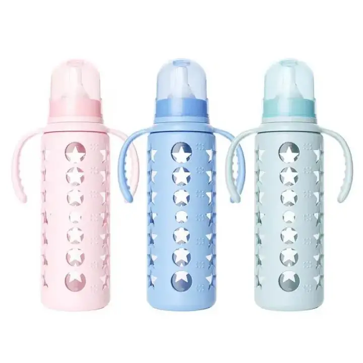Premium Anti-Colic Glass Baby Feeder 240ml (8oz) With Protective Silicone Cover & Double Handle - Regular Nipple (Pack of 3 Vibrant Colors)