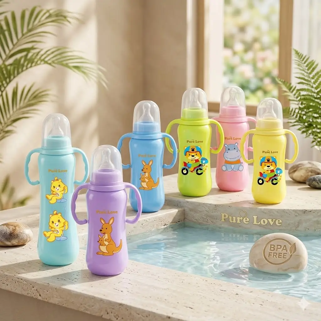 Pure Love Premium Baby Feeding Bottle with Handle | 150ml (5oz) & 280ml (9oz) Colorful Simple Long Feeder with Regular Nipple