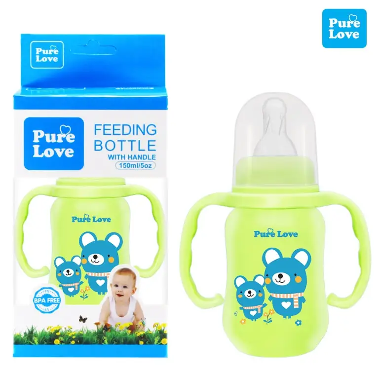 Pure Love Premium Baby Feeding Bottle with Handle | 150ml (5oz) & 280ml (9oz) Colorful Simple Long Feeder with Regular Nipple