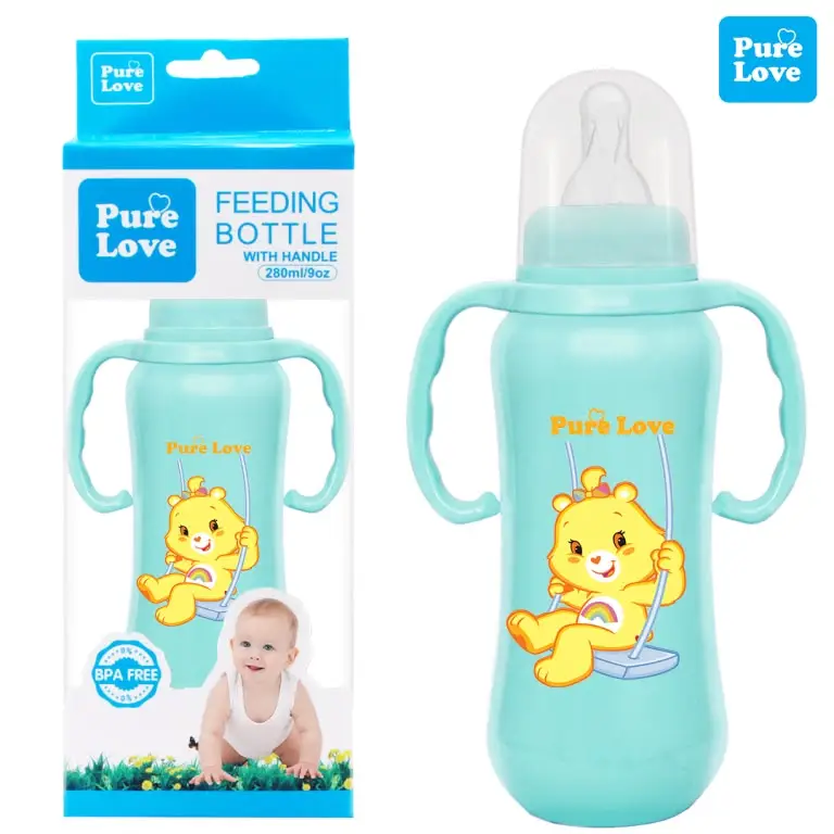 Pure Love Premium Baby Feeding Bottle with Handle | 150ml (5oz) & 280ml (9oz) Colorful Simple Long Feeder with Regular Nipple