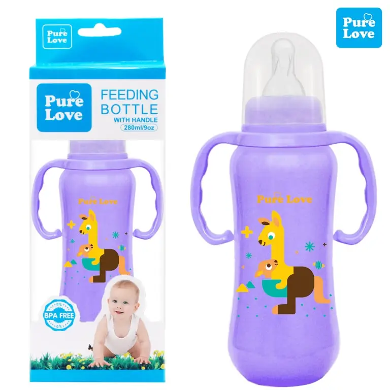 Pure Love Premium Baby Feeding Bottle with Handle | 150ml (5oz) & 280ml (9oz) Colorful Simple Long Feeder with Regular Nipple