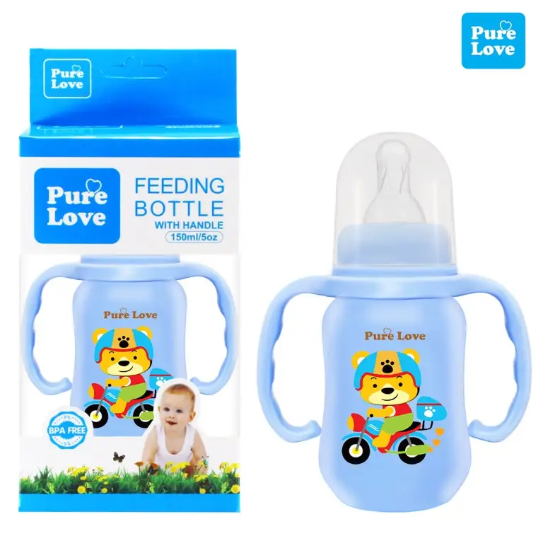 Pure Love Premium Baby Feeding Bottle with Handle | 150ml (5oz) & 280ml (9oz) Colorful Simple Long Feeder with Regular Nipple
